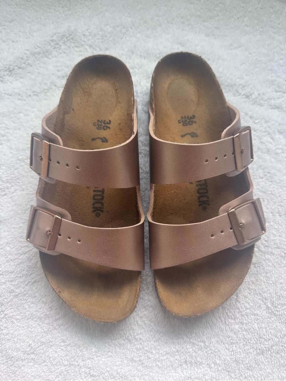Birkenstock Metallic Rose Gold Double-Buckle Slides Size 36